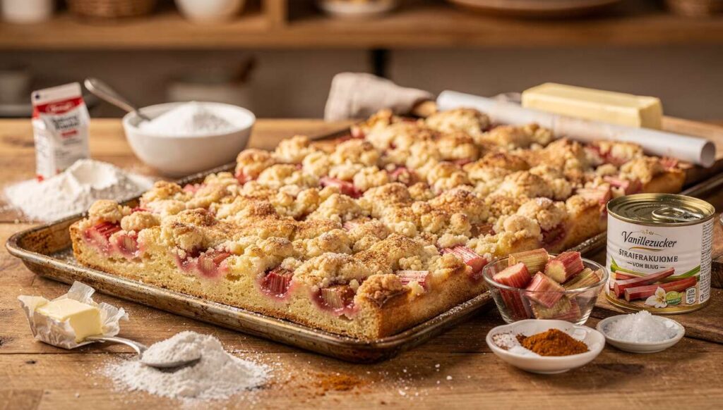 Rhabarber-Streuselkuchen vom Blech, saftig, süß-säuerlich und in 35 Minuten fertig