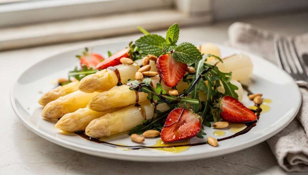 Lauwarmer Spargelsalat mit Erdbeeren und Balsamico, die perfekte Frühlingsvorspeise
